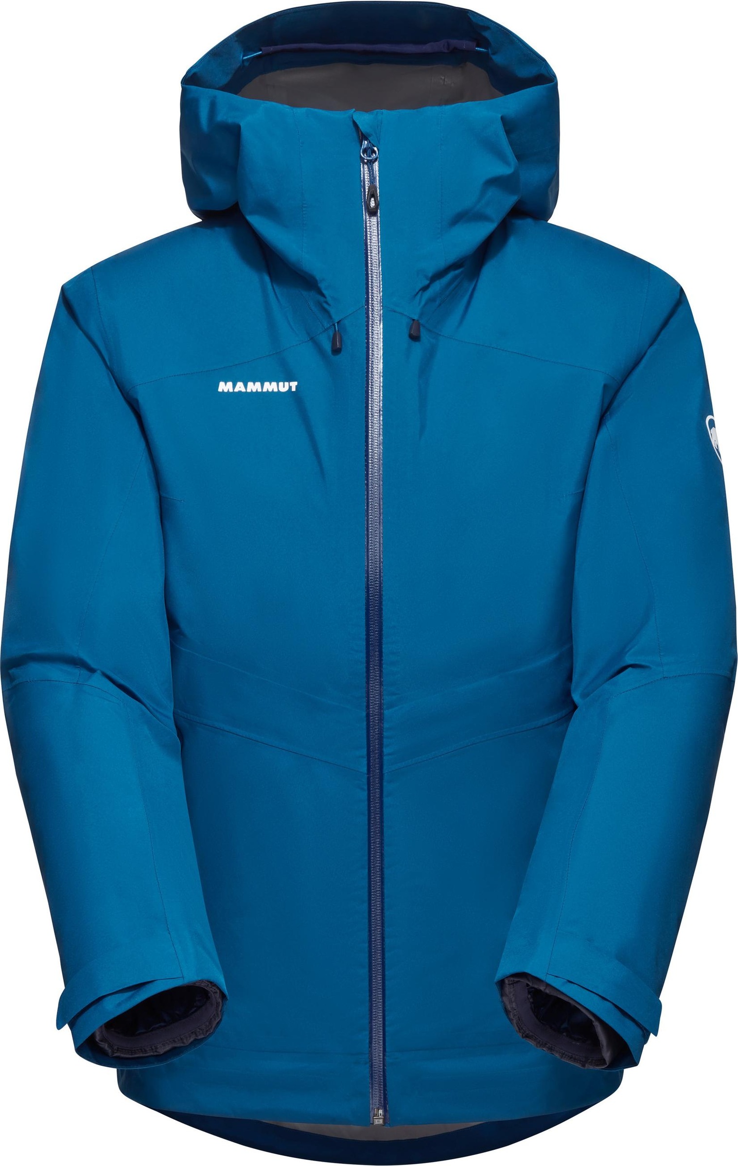 Die Jacke Mammut Convey 3 in 1 HS Hooded Jacket Women Deep Ice Marine in blau hat einen Frontreißverschluss, zwei Seitentaschen und das Mammut-Logo auf der Brust und am Ärmel.
