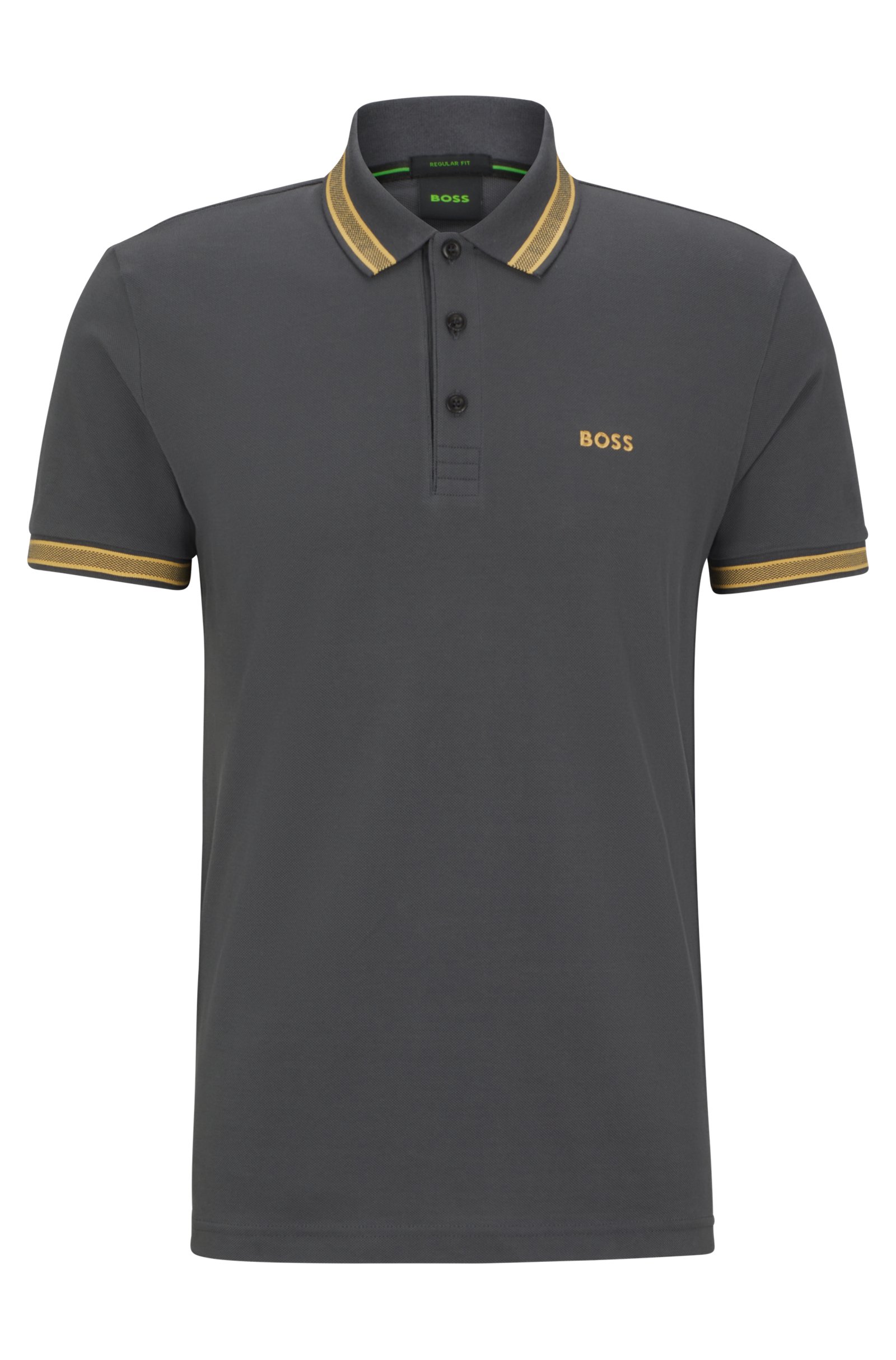 Das Hugo Boss Poloshirt Dunkelgrau Gelb ist am Kragen und an den Ärmeln gelb abgesetzt und zeigt das kultige BOSS Logo auf der linken Brust.