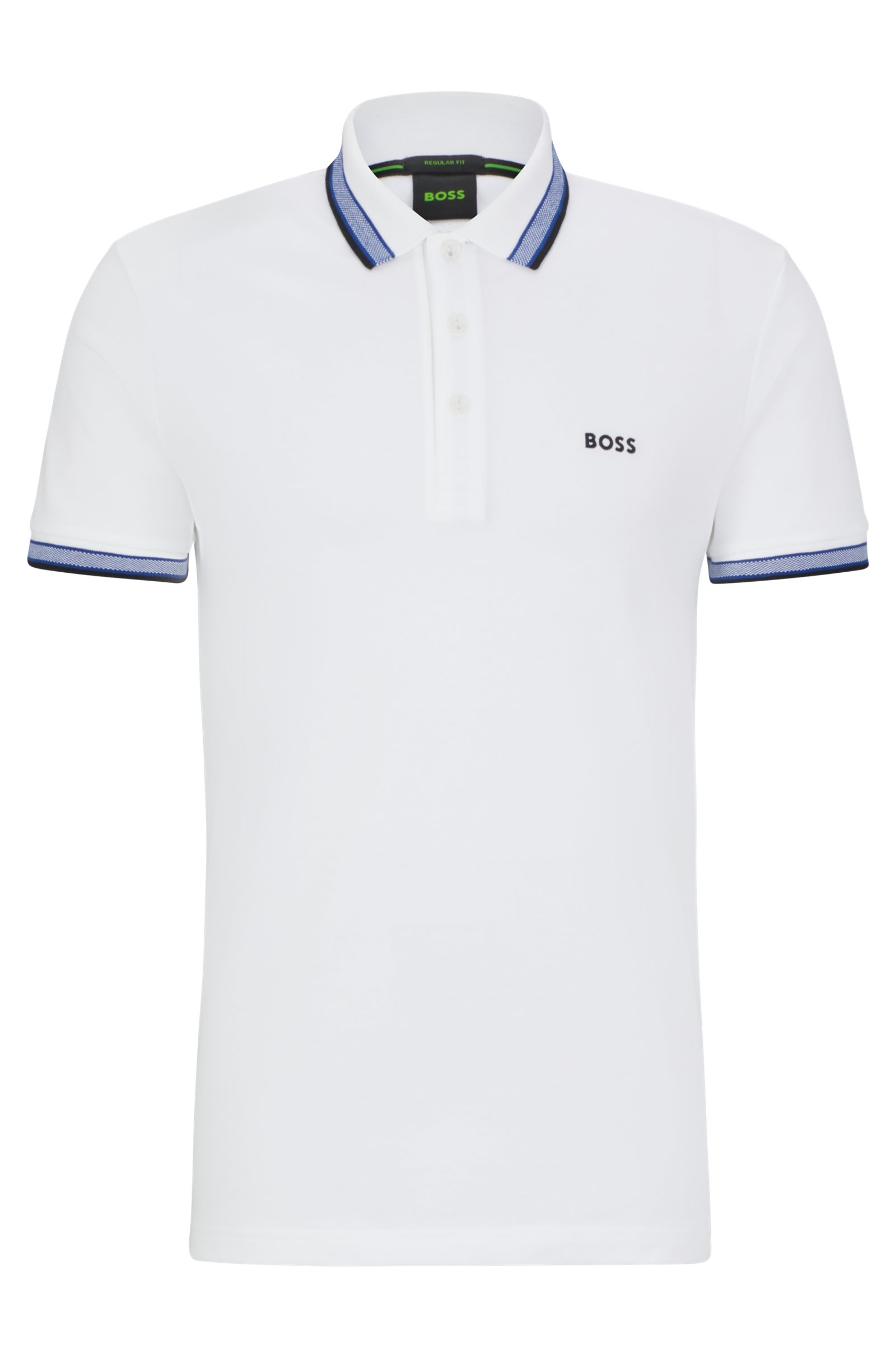 Das Hugo Boss Poloshirt Weiss Blau ist ein weißes Kurzarm-Polo mit blau gestreiftem Kragen und Ärmelbündchen, Knopfleiste und "BOSS"-Logo auf der Brust.