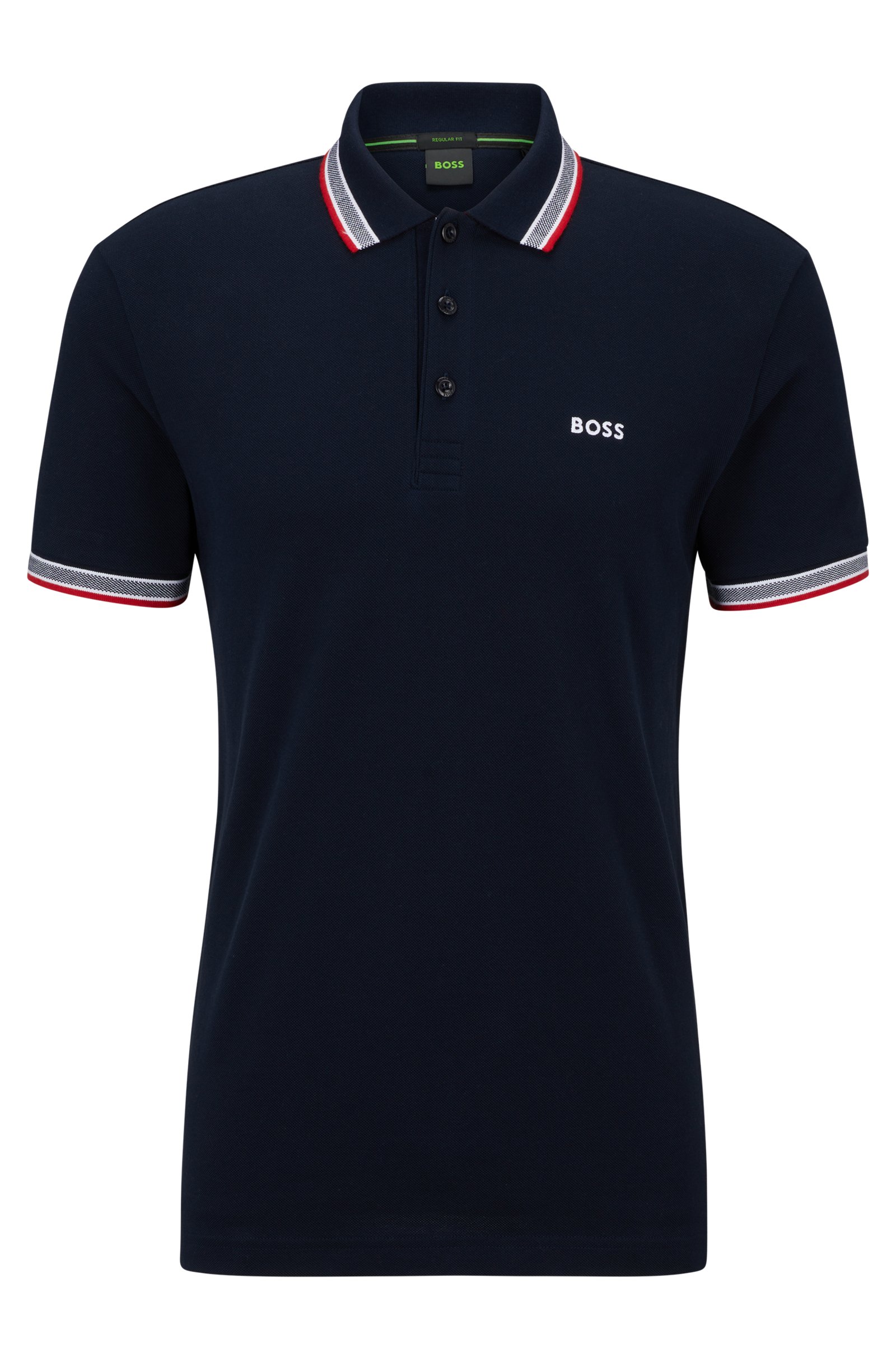 Hugo Boss Poloshirt Dunkelblau Weiss: Marinefarbenes Kurzarm-Polo mit geknöpftem Kragen, rot-weißem Besatz und "BOSS"-Logo auf der Brust - ein zeitloser, klassischer Stil.