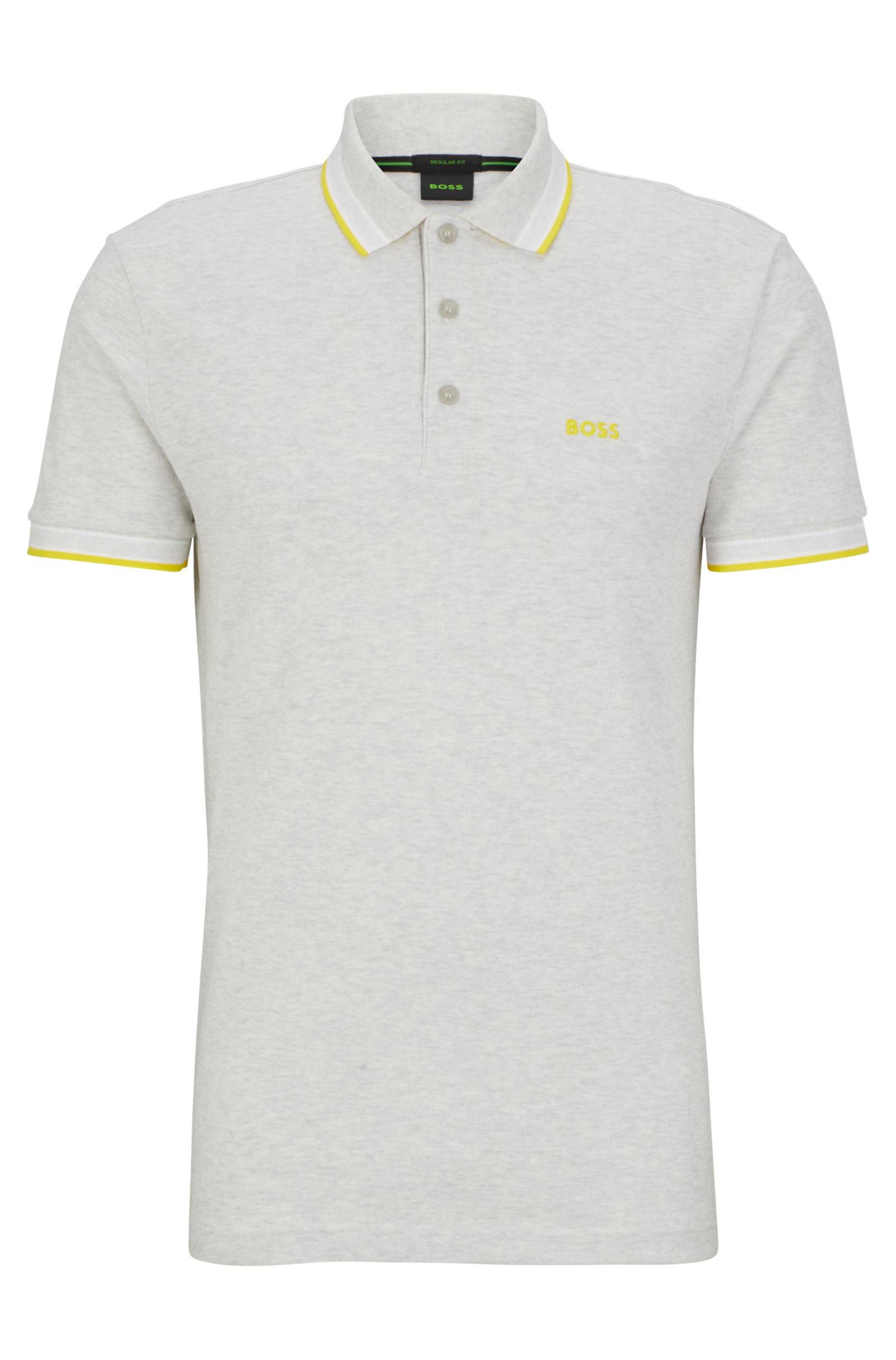 Das Hugo Boss Poloshirt Hellgrau Gelb aus hellgrauem Stoff mit gelben Besätzen, einer Dreiknopfleiste und dem "BOSS"-Logo auf der linken Brust sorgt für einen stilvollen, modernen Look.